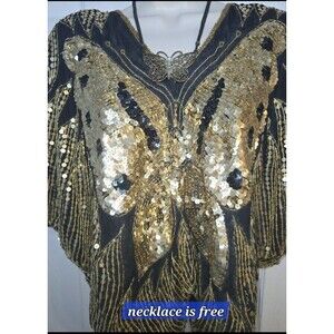 Women's Butterfly Shirt SZ M To L Y2K Silk Fairy Sequin Artdeco Stuning Gold VTG
